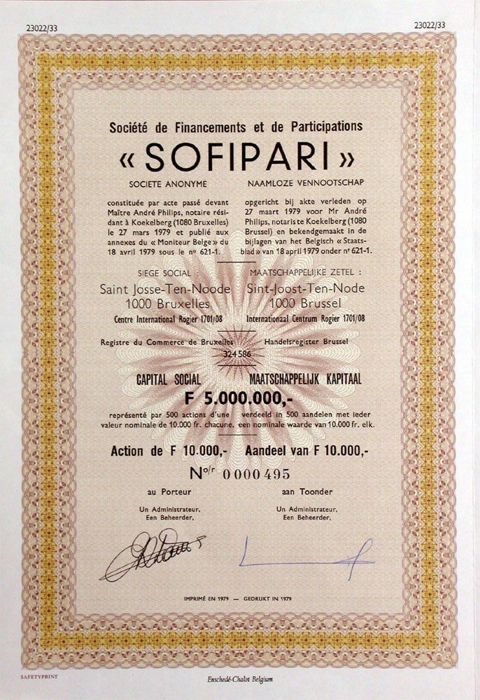 Documenti: Financements et Participations SOFIPARI SA, Bruxelles - 1979 – Usato da Solothurn venduto da Sgasche