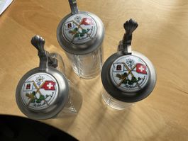 3er Set Feldsschlösschen Bierkrüge mit Zinndeckel