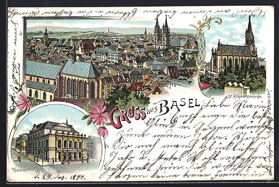 Cartoline postali: Litho Basel, Totalansicht, St. Elisabeth – Usato da Berlin venduto da bartko-reher