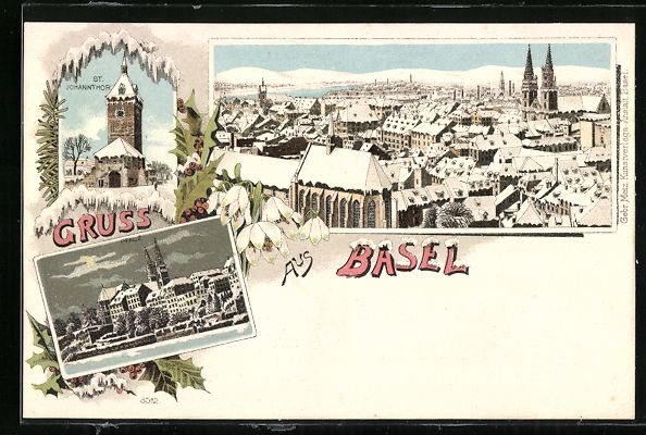 Cartoline postali: Winter-Lithographie Basel, Pfalz, St. Jo – Usato da Berlin venduto da bartko-reher