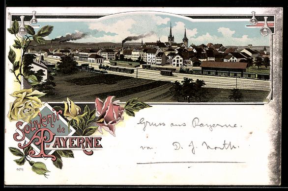 Cartoline postali: Lithographie Payerne, Teilansicht mit Bahnhof und Dampfeisen – Usato da Berlin venduto da bartko-reher