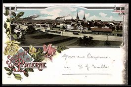 Lithographie Payerne, Teilansicht mit Bahnhof und Dampfeisen