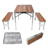 WilTec Alu Koffertisch 2Bänke Holzdesign