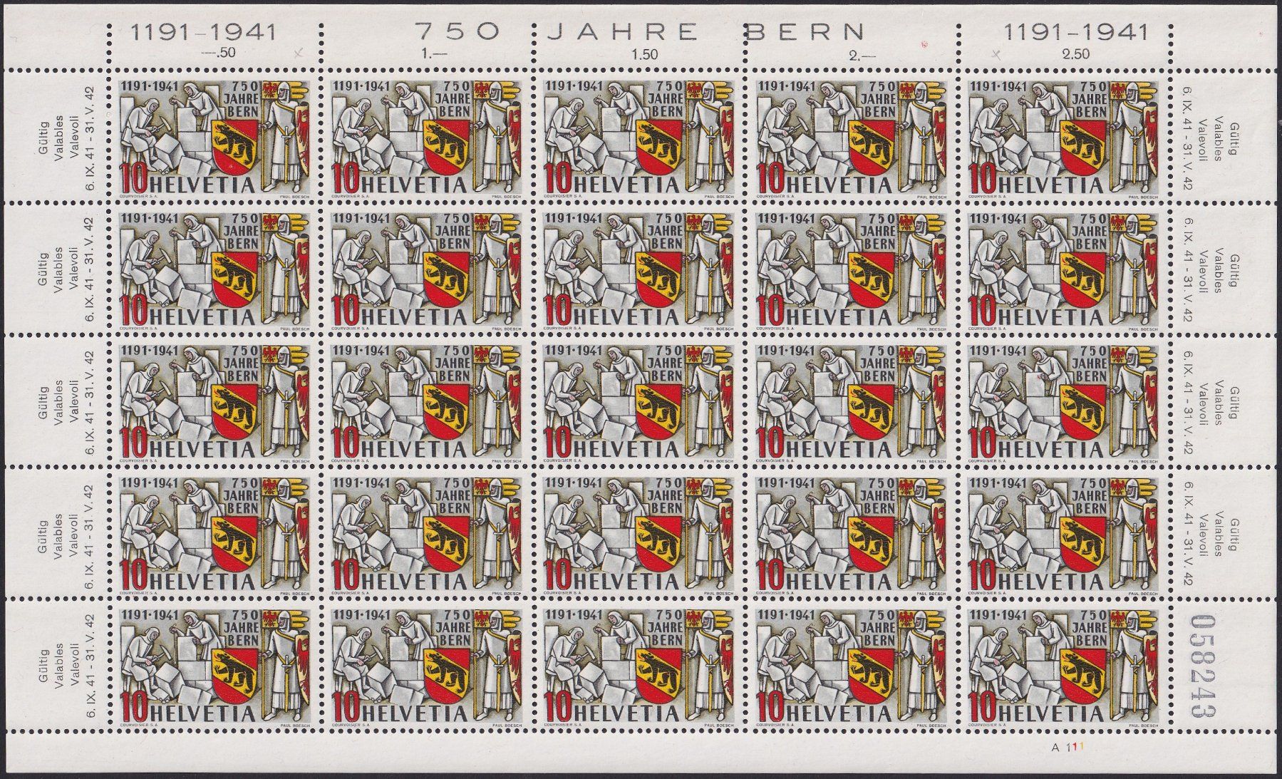 Tutti i francobolli: 1941, Nr.253 Bogen + Plattenfehler "SPINNE" **. Kat: 100.-+ – Usato da Sursee venduto da Luzernerraute