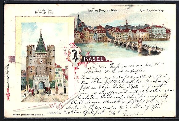 Cartoline postali: Litho Basel, alte Rheinbrücke, Spalenth – Usato da Berlin venduto da bartko-reher