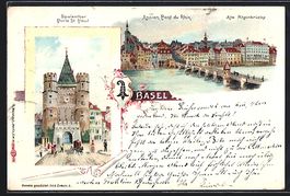 Litho Basel, alte Rheinbrücke, Spalenth