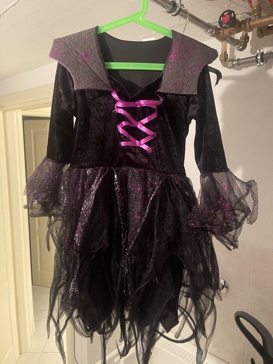 Costume Strega Per Bambina 5 Pezzi - Mantello E Cappello Halloween Con Sacchetto E Tatuaggi - Taglia 100-140 Cm