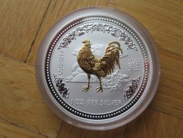 Lunar I Münze Hahn 2005  / 1Unze Silber gilded