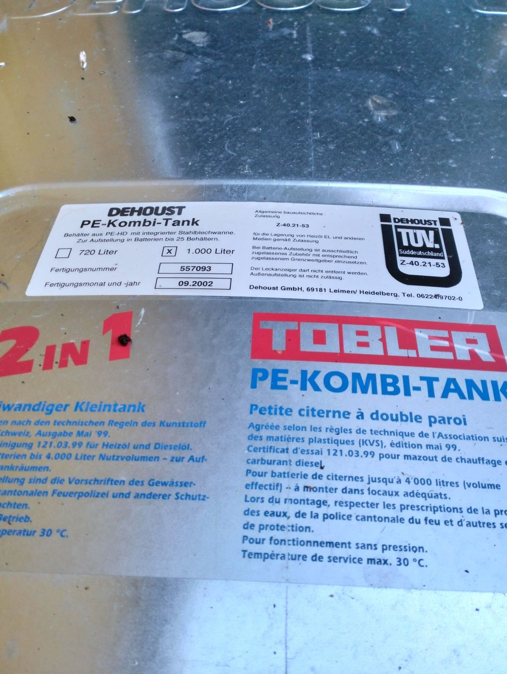 Riscaldamento: Heizöltank 1000l 2stück – Usato da Thayngen venduto da ppl_fm7v