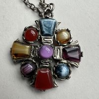 Vintage Celtic Cross Pendant Necklace, Colorful Gemstones