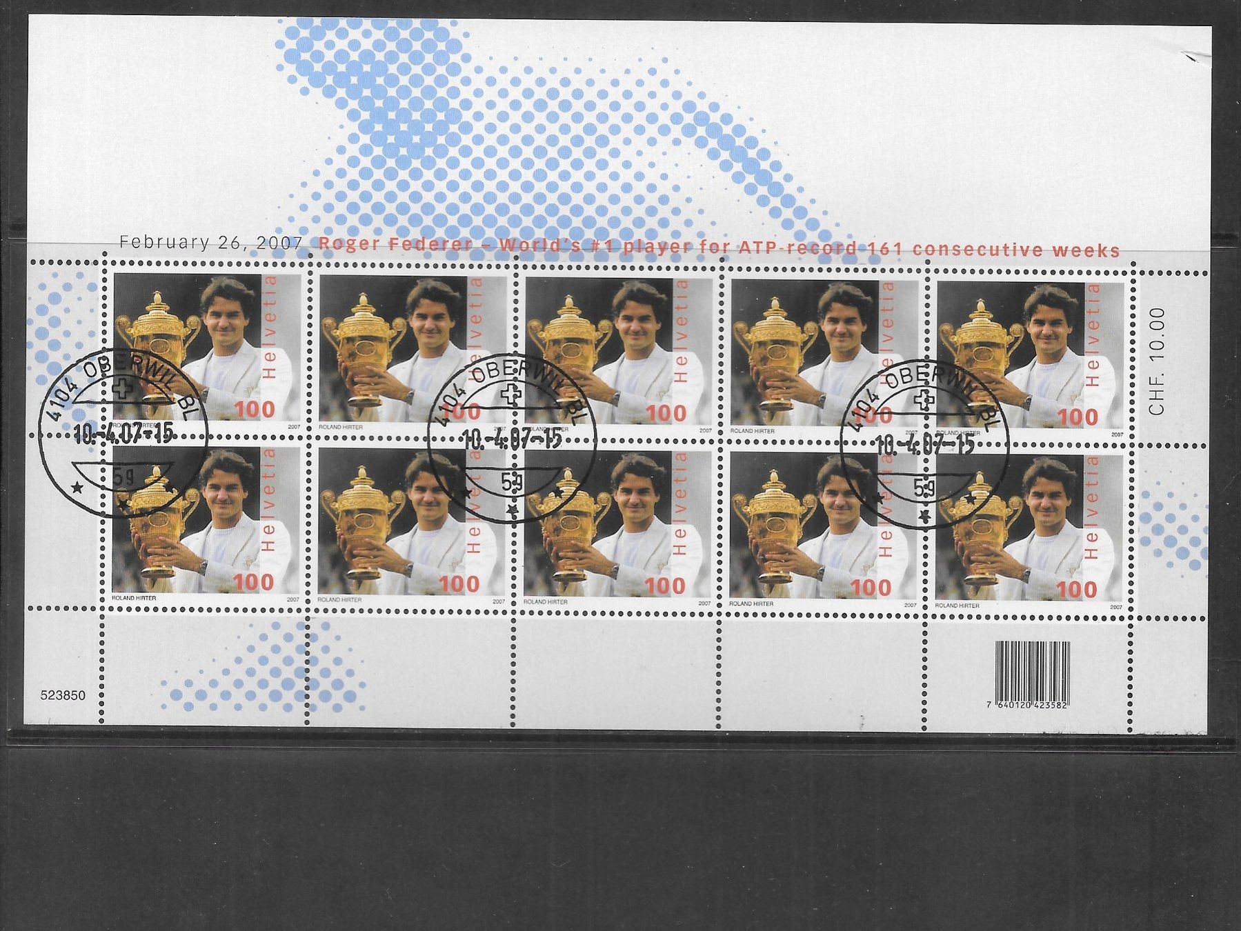 Tutti i francobolli: Kleinbogen 1229 Roger Federer ET Oberwil 10.4.2007 – Nuovo (secondo la descrizione) da Olten venduto da clotaldi