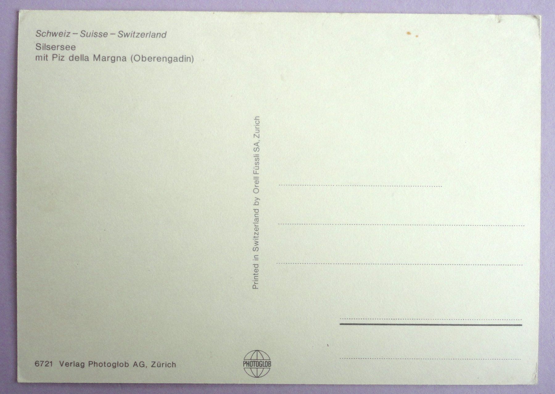 Cartoline postali: Silsersee mit Piz della Margna – Usato da Fétigny venduto da Billy2miny 1