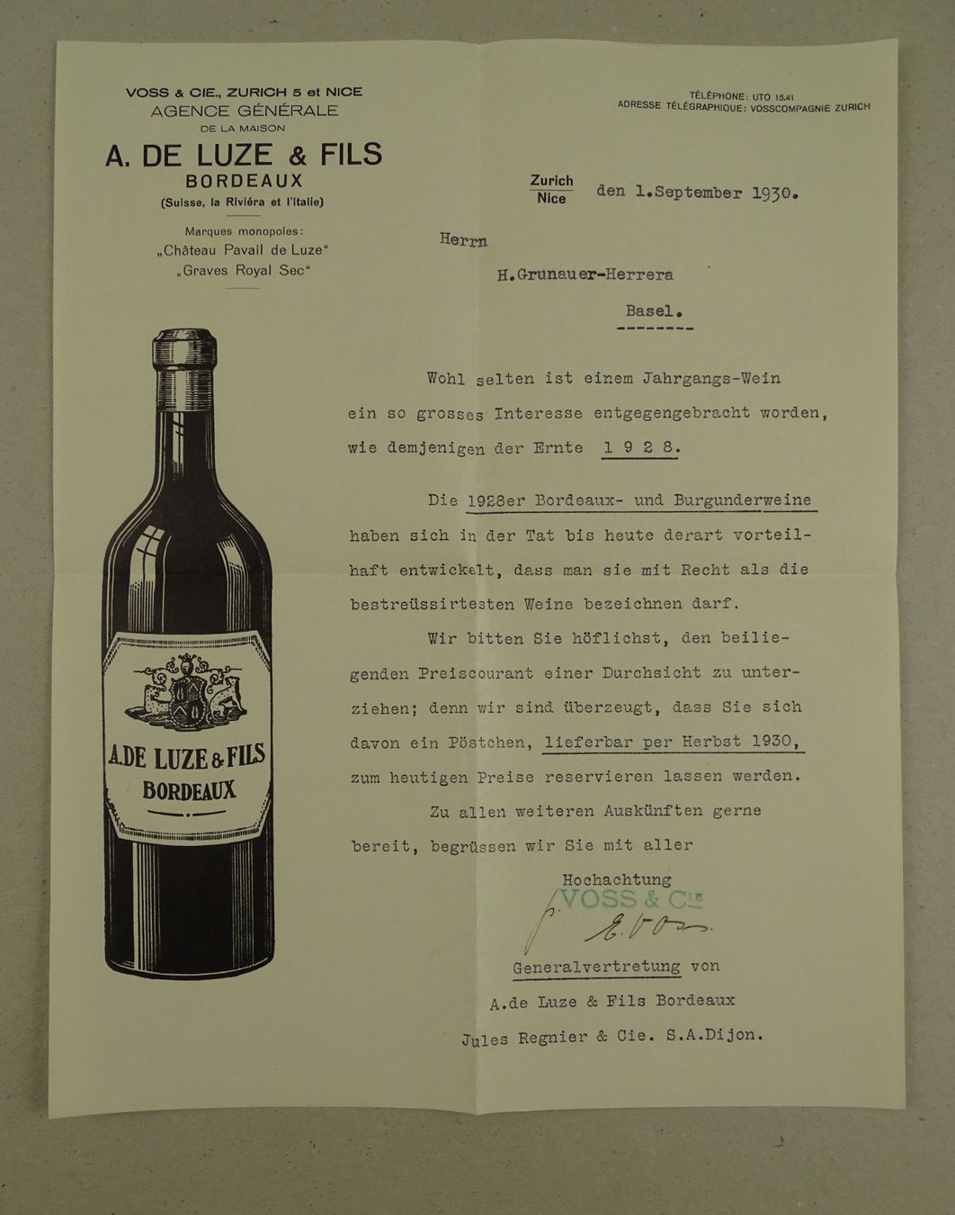 Vino: BRIEF DER BORDEAUX WEINE GENERALVERTRETUNG, 1930 – Usato da Grüningen venduto da Kartensammler
