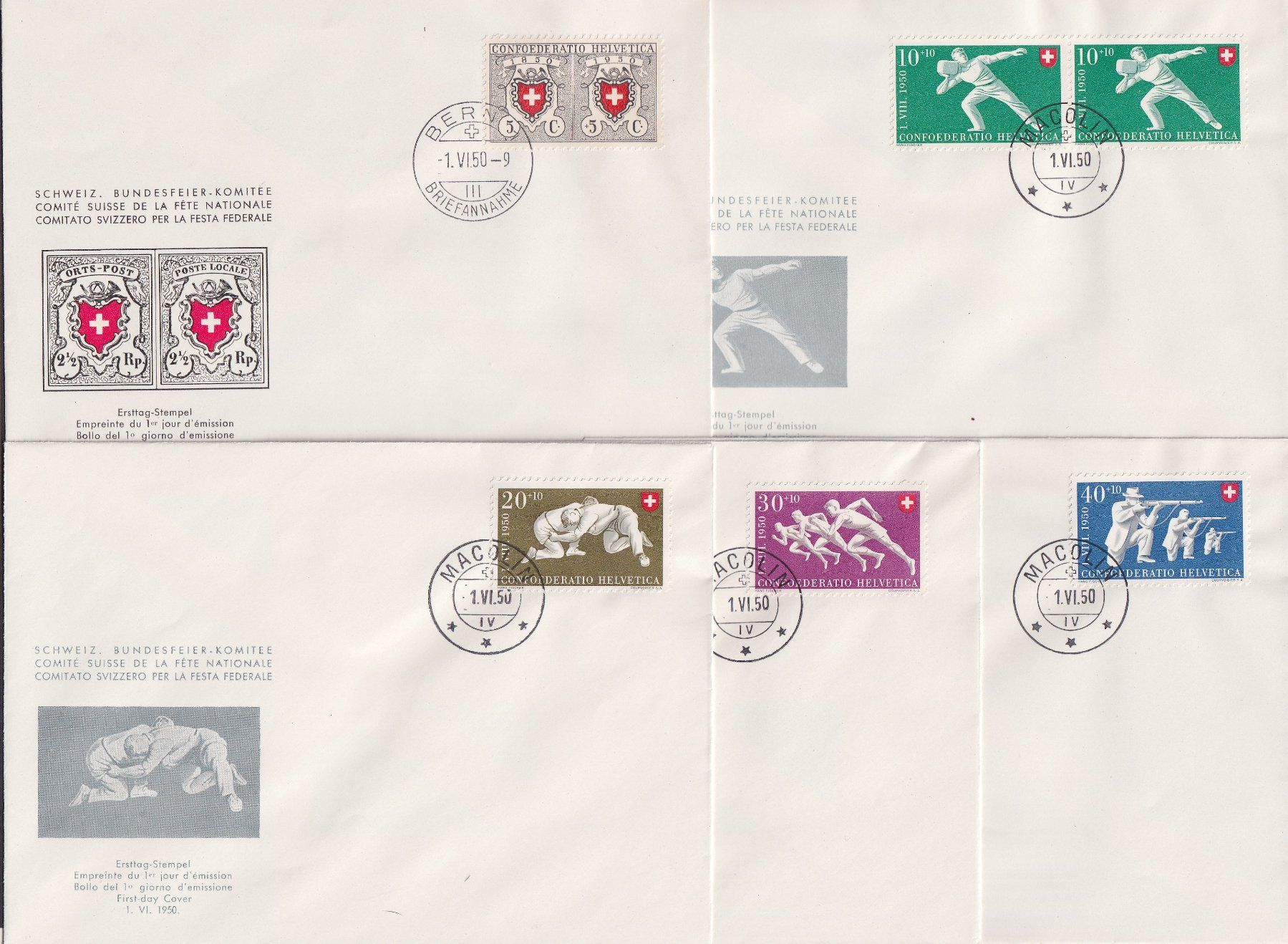 Tutti i francobolli: PP 1950 Komitee FDC, B46-B50 Sport, Kat: 225.- – Usato da Ebikon venduto da SilvioFreund