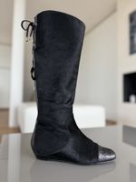 Italian Black Leather & Calf Hair Tall Boots, Size 36,5