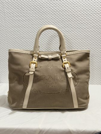 Prada Tote Bag Beige Canvas Leather Trim