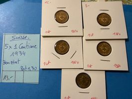 SUISSE : 5 X 1 CENTIME 1934 - Bon état