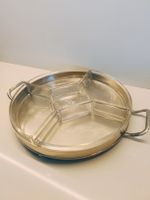 Vintage Serviertablett/Platte mit Glaseinsatz, 28cm Durchm.