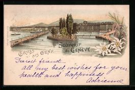 Litho Genf, Ortsansicht übers Wasser mi