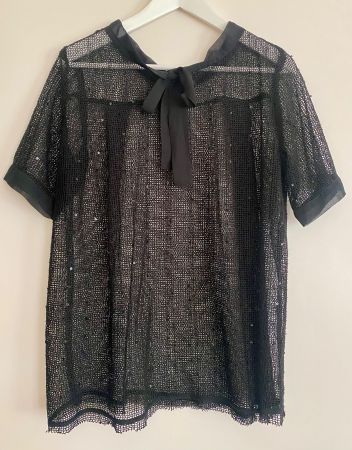Netz-Oberteil in Schwarz mit Pailletten-Details, Gr. L