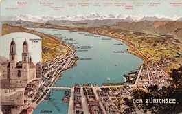 Vogelschau-AK Zürichsee, gelaufen 1909