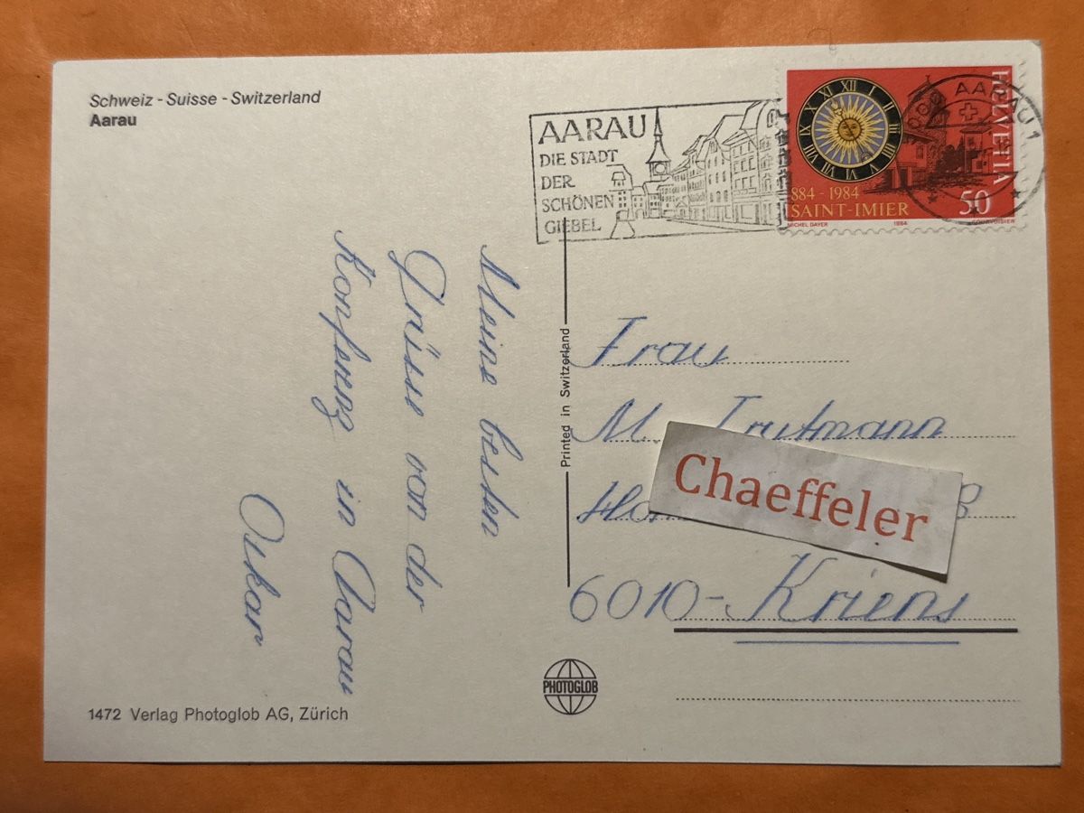Cartoline postali: 1984 Aarau – Usato da Zürich venduto da Chaeffeler 1