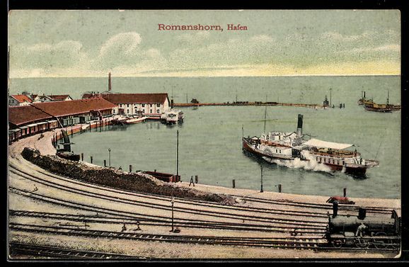 Cartoline postali: AK Romanshorn, Hafeneinfahrt mit Dampfer, Einfahrende Eisenb – Usato da Berlin venduto da bartko-reher