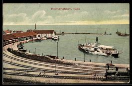 AK Romanshorn, Hafeneinfahrt mit Dampfer, Einfahrende Eisenb