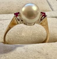 Gold-Ring 14K mit Perle und Rubinen