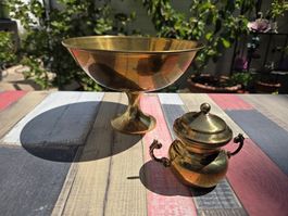 Vintage Messing Set: Edle Fuss-Schale & Deckeldose (Ottone)