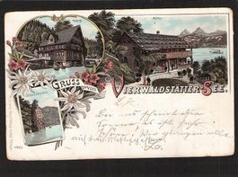 Lithographie Gruss vom Vierwaldstättersee ,gel. 1897 Sisikon