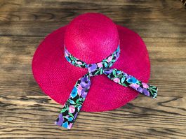 Vintage Sonnenhut Strohhut magenta mit Schleife