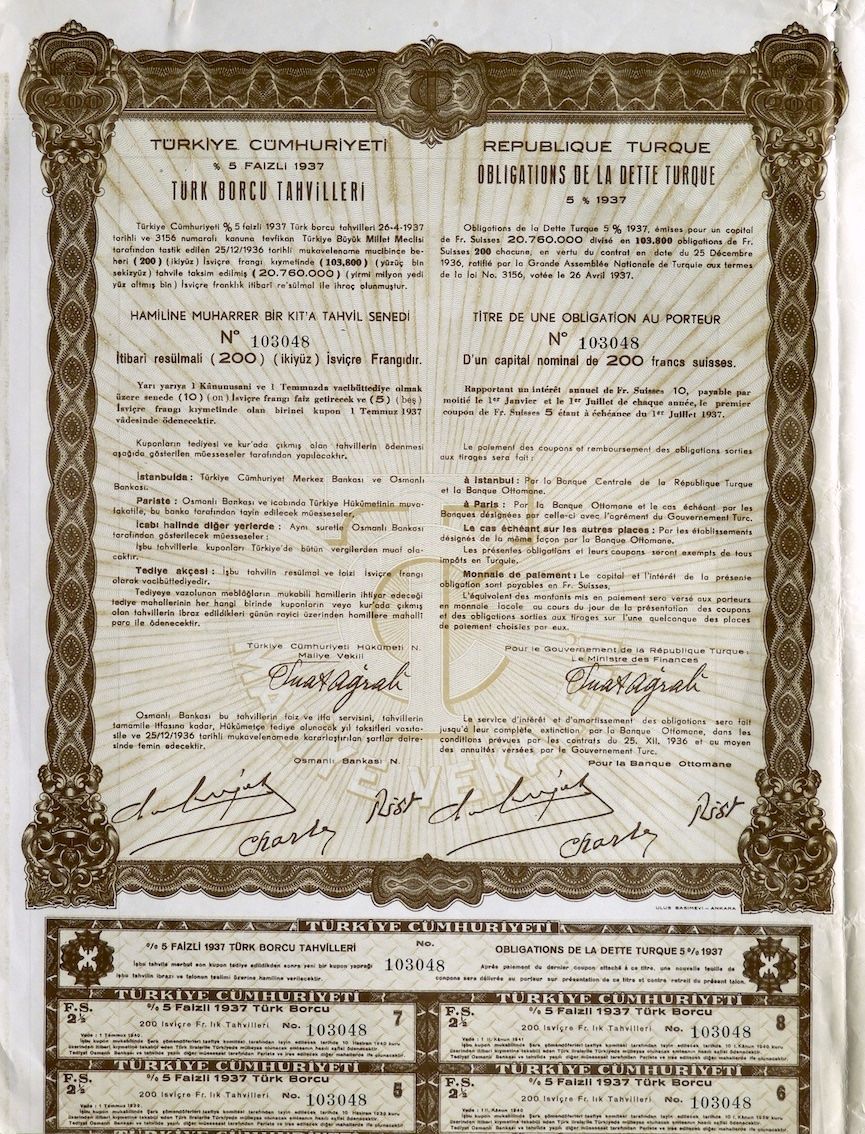 Documents: 5% République Turque - 1937 – D'occasion à Solothurn par Sgasche
