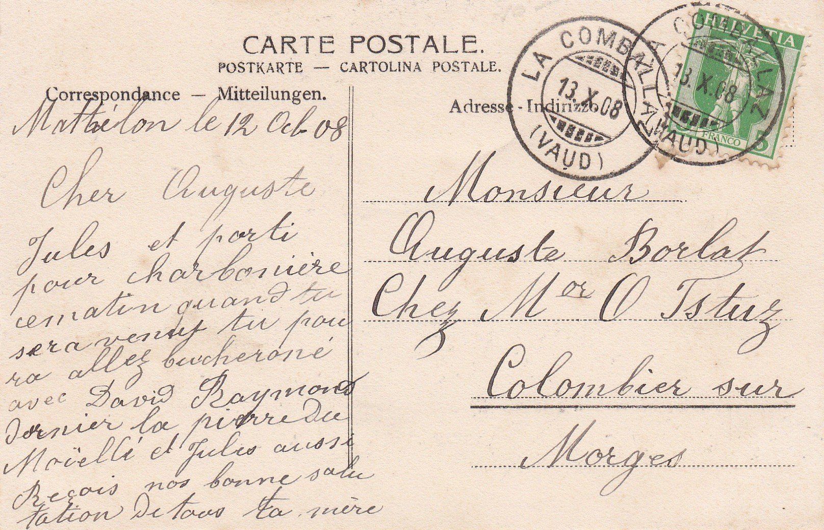 Cartoline postali: AK - La Comballaz - gel. 13.10.1908 – Usato da Fribourg venduto da schnalla92 1