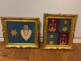 2 Vintage Handstickerei Bilder, Goldrahmen, Bildrahmen