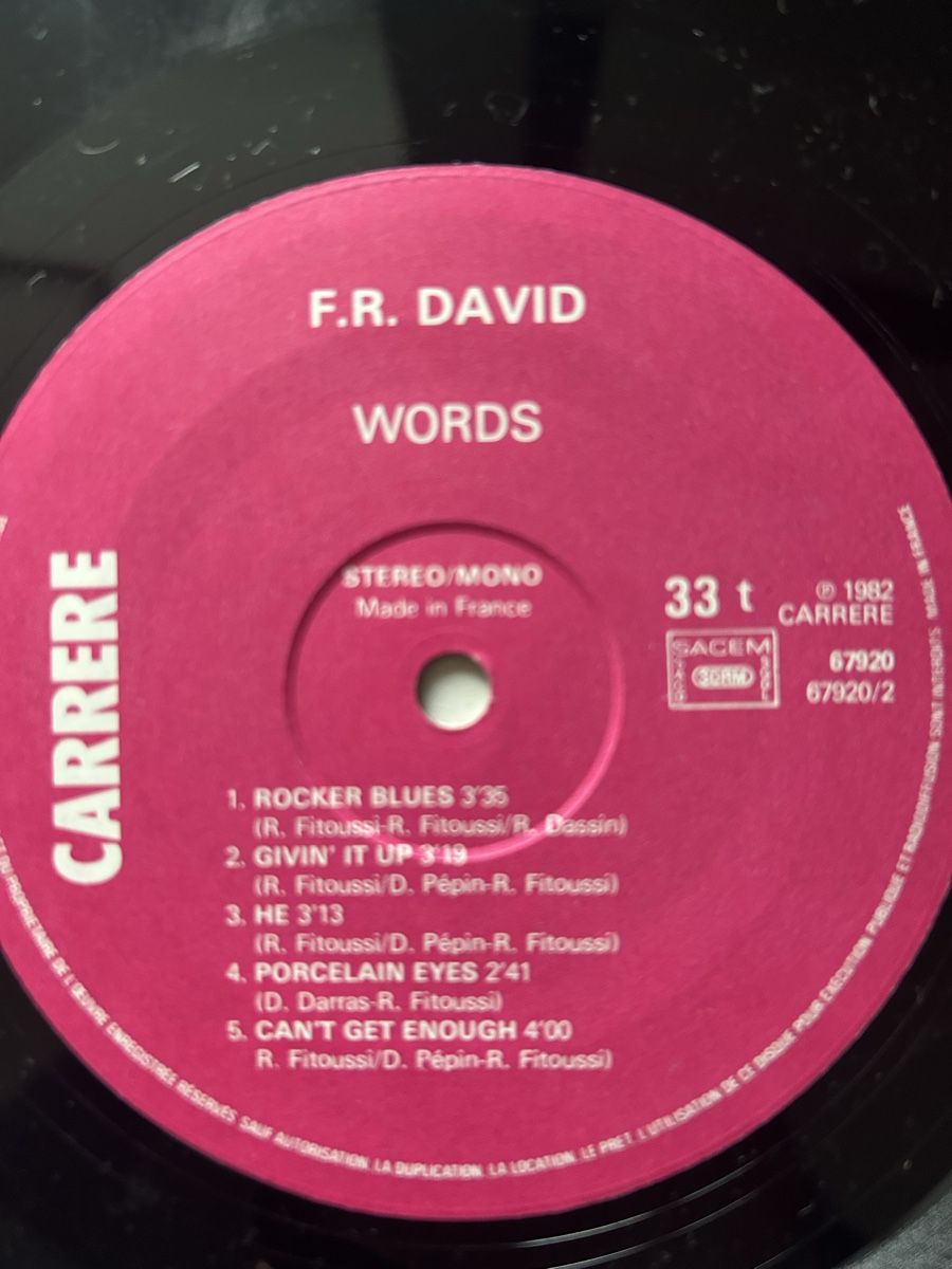 Dischi in vinile: Words - F.R. David - LP, Synth-Pop, Disco [1982] – Usato da Winterthur venduto da lenolson 2