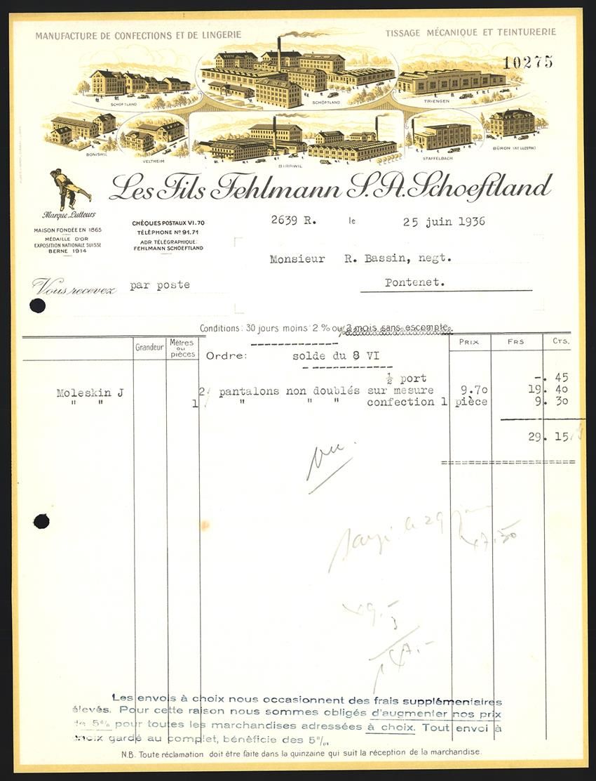 Sonstiges zum Sammeln & Seltenes: Rechnung Bern 1936, Fils Fehlmann J. A.  – Gebraucht aus Berlin von bartko-reher