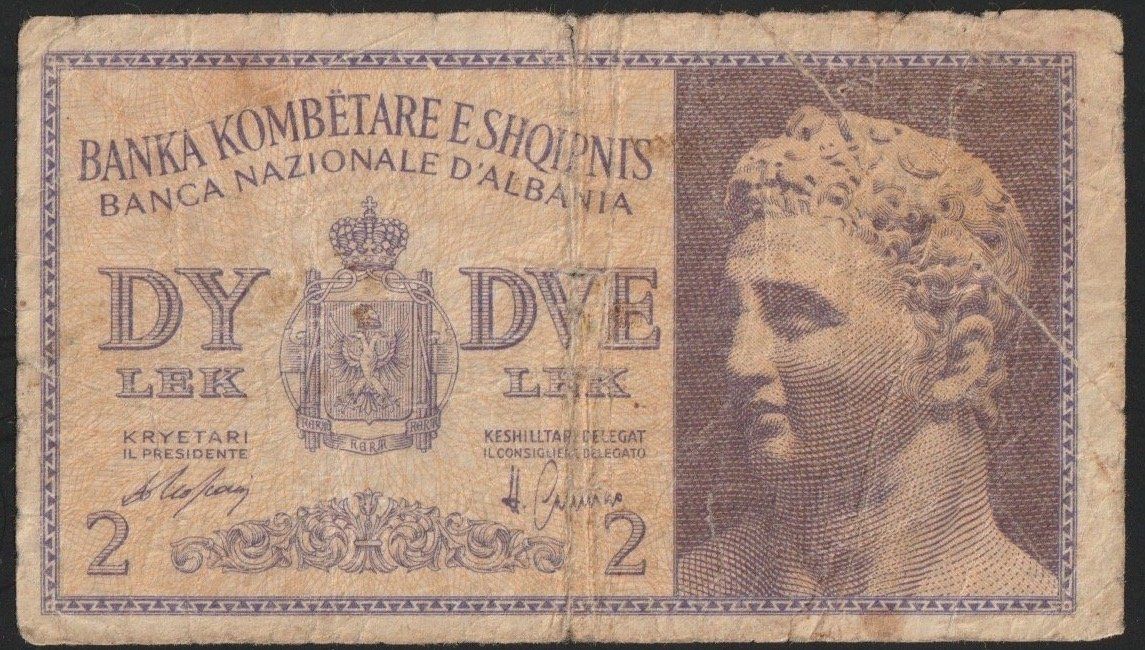 Banconote: Albanien 2 Lek 1940 – Usato da Brugg AG venduto da banknoten_muesli