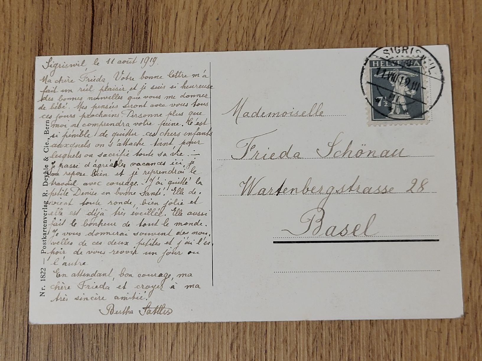 Cartoline postali: Ansichtskarte Sigriswil 11. August 1919 Dorfidy II – Usato da Allschwil venduto da Uhrenbinz 1