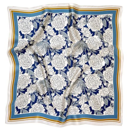 New 68cm Peony Bloom Blue Silk Scarf, Floral Pure Silk