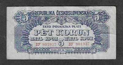 Banconote: Cekoslavakia  5  Korun  1944  Gebraucht – Usato da Gordola venduto da coinsandnotes