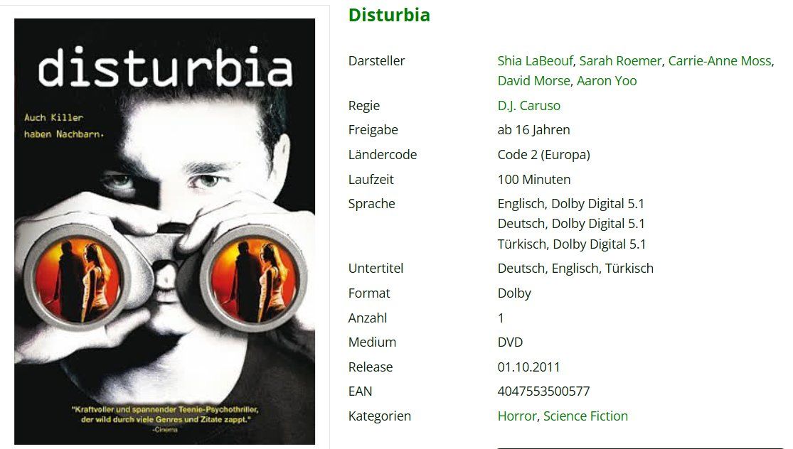 Tutti i DVDs: Disturbia – Usato da Dietikon venduto da Ruempfli 1