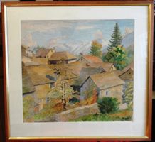 Colombi Plinio Dorfansicht mit Landschaft, Aquarell, signier