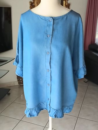 Blaue Denim Bluse Gr. XL leicht & luftig mit Rüschen deteils
