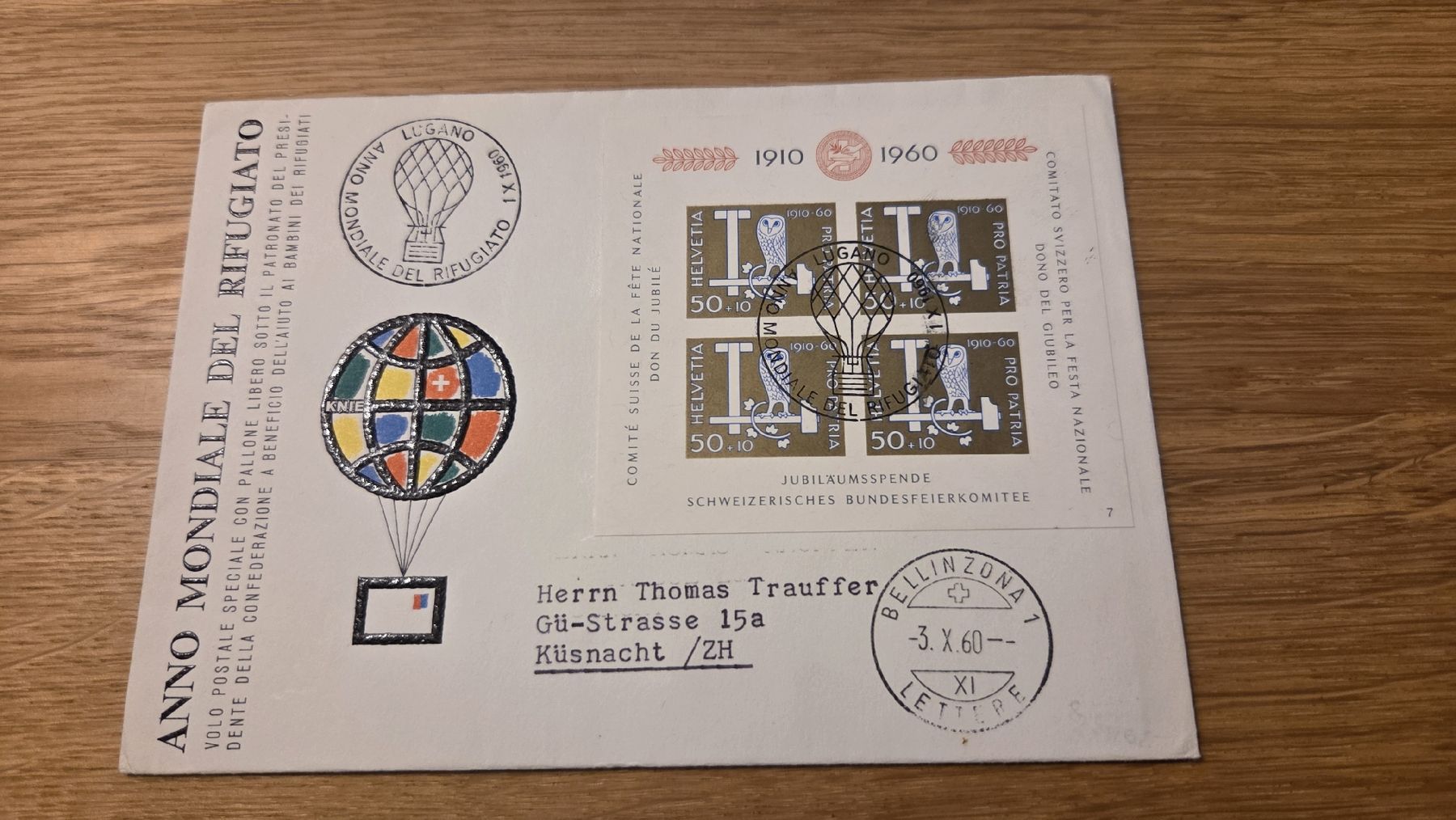 Tous les timbres: 1960 Ballonflug Lugano mit Eulenblock – D'occasion à Arni AG par Moth68