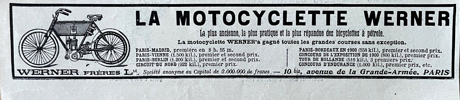 Foto & Immagini: Werner Motorrad- Alte Werbung / Ancienne publicité 1905 – Usato da Savagnier venduto da Ne2065