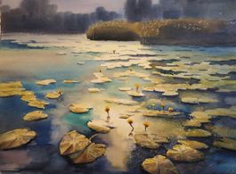 Aquarellmotiv Landschaft mit Seerosen