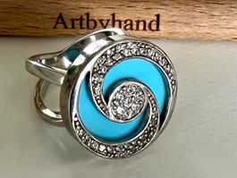 Designer Silberring 925 meerblaues Emaille Zirkonia Spirale