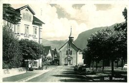 Stansstad NW 1930 Hotel Winkelried alte Kirche Oldtimer Auto