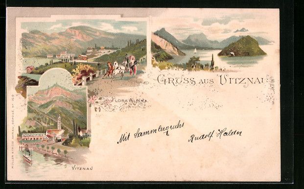 Cartoline postali: Litho Vitznau, Teilansicht mit Kirche, F – Usato da Berlin venduto da bartko-reher
